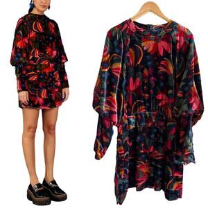 FARM RIO Banana Sky Velvet Dress Layered Skirt Long Sleeves Multicolor XL NWT